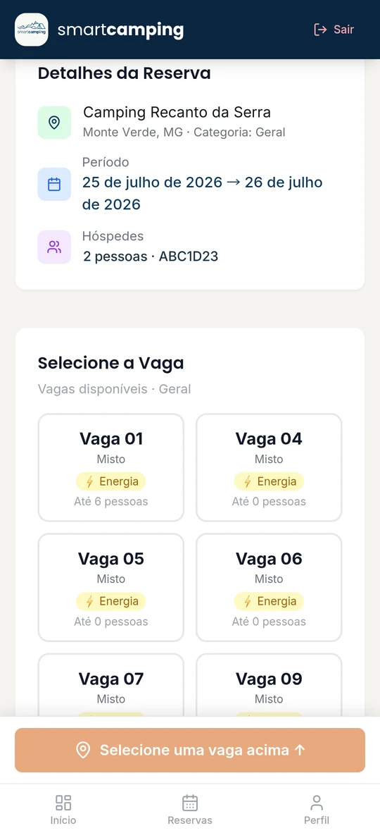 Tela de check-in com os detalhes da reserva e a lista de vagas disponíveis para escolha.