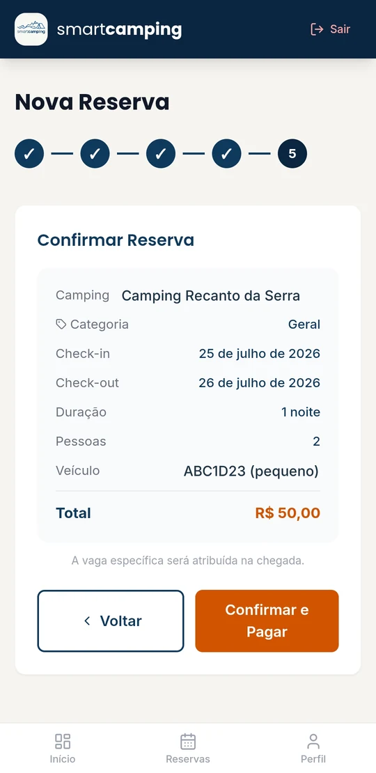 Tela de confirmação de reserva no celular, com camping, período, veículo e valor total.