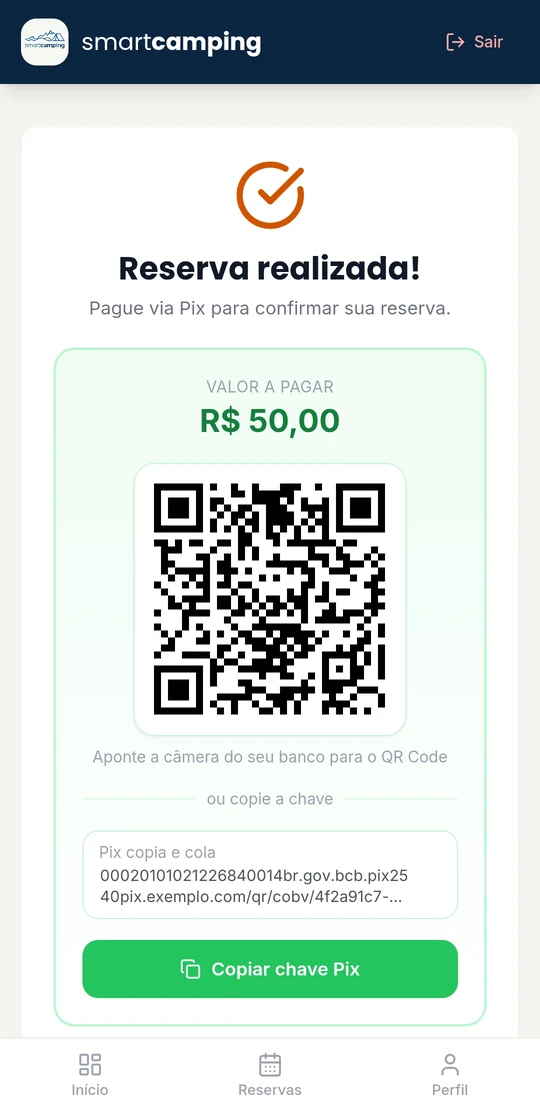 Tela de pagamento com QR Code Pix, valor a pagar e botão para copiar a chave.